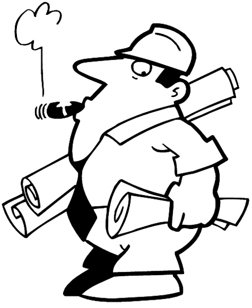 Cigar smoking man with armloads of rolled plans vinyl sticker. Customize on line. Contractors Building Work 025-0033